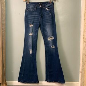 NWT Almost Famous High Rise Flare Distressed Dark Wash Jeans